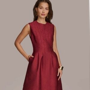 Donna Karan Sleeveless Midi Dress in Deep Red PEBBLE JACQUARD FIT AND FLARE DRES